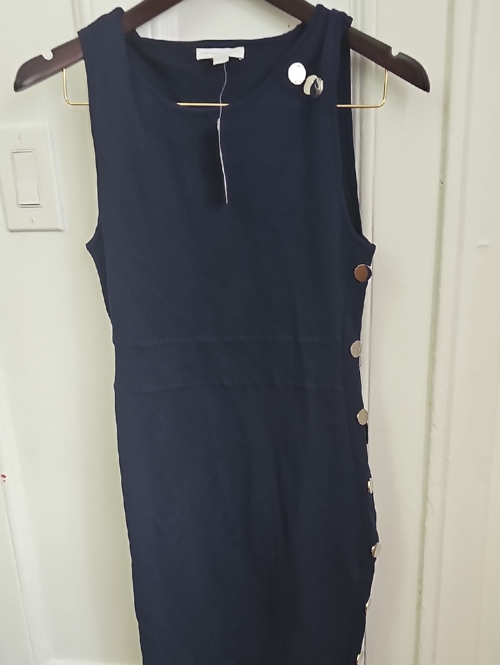 New York & Company Navy Sleeveless Sheath Dress with Side Button Detail